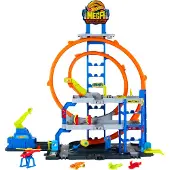 Hot Wheels City Mega-Parkgarage-Spielset mit 1 Die-Cast-Spielzeugauto und 1 Spielzeug-Hubschrauber im Maßstab 1:64, Fahrzeug- & Schienen-Set, 4 Jahr(e), Kunststoff, Mehrfarbig