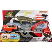 Matchbox Jurassic World Spielset Mosasaurus Action-Rettungsboot-Spielset mit Schiff, Dino, Spielzeugauto und Geschossen, Fahrzeug- & Schienen-Set, 3 Jahr(e), Kunststoff, Mehrfarbig