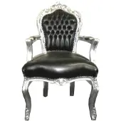 Casa Padrino Barock Esszimmerstuhl Schwarz / Silber Lederoptik mit Armlehnen