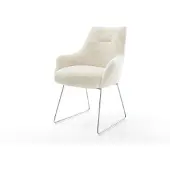 DELIFE Esszimmerstuhl Alja-Flex mit Armlehnen Plüsch Creme-Weiß Kufengestell Edelstahl Taschenfederkern