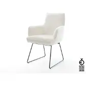 DELIFE Esszimmerstuhl Heira-Flex mit Armlehnen Bouclé Soft Beige Kufengestell Schwarz Taschenfederkern