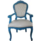 Casa Padrino Barock Esszimmerstuhl Blau / Weiß Lederoptik mit Armlehnen