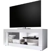 Dmora TV-Schrank Gambara 140x43x56 cm Weiß Hochglanz, 2 Regale, Grifföffnung