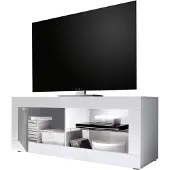 Dmora TV-Schrank Gambara 140x43x56h cm Hochglanz Weiß, 2 Regale Grifföffnung