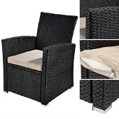Feel2Home Gartensessel aus wetterfestem Polyrattan mit hohen Armlehnen und beigem Sitzkissen für Terrasse und Balkon, Schwarz