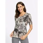 Lady Print-Shirt "Kurzarm-Shirt", Damen, Gr. 48, bunt (sesam, schwarz, bedruckt), 95% Viskose, 5% Elasthan, bedruckt, geblümt, gemustert, mehrfarbig, Rundhals, Shirts Print-Shirt