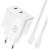 Dudao A28PCEU Adapter 45Watt 2xUSB-C (1m USB-C to USB-C cable included) Hvid