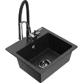 Mexen Milo 1-Becken-Granit-Spüle mit Mischbatterie Aster, Schwarz/Silbermetallic - 6505-73-73450-07-B