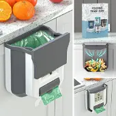 Unyqoos Faltbarer, aufhängbarer Mülleimer mit Deckel – 2,4 Gallon (10×7×11,5 inch), PP+TPE, Grau, 2 Haken, für Küche/Camping/Auto/Bad