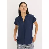 Bonprix Kurzarmbluse , Damen, Gr. 40, dunkelblau, Web, Obermaterial: 100% Polyester, oversize, Blusen Kurzarmbluse, Oversize Passform, mit V-Ausschnitt, mit Umlegekragen