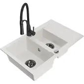Mexen Gaspar 1,5-Becken-Granitspüle mit Abtropffläche und Mischbatterie Aster, Weiß - 6507-20-73450-70-B