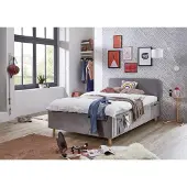 Meise Jugendbett Cosy 120x200 cm | Bettgestell | USB | 4 Betttaschen | Strukturstoff Grau | Holzfuß eichefarbig