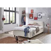 Meise Jugendbett Cosy 140x200 cm | Bettgestell | USB | 4 Betttaschen | Strukturstoff Beige | Holzfuß schwarz