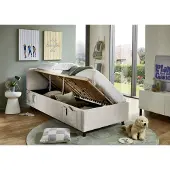 Meise Stauraumbett Cosy 90x200 cm | Bettkasten & Lattenrost (Federholzrahmen) | USB | Strukturstoff Beige | Holzfuß schwarz