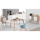 STONES Carlotta-Stuhl mit gepolstertem Sitz in blauem Kunstleder und Beinen aus Buchenholz – Modernes Design für Wohnbereiche und Büros