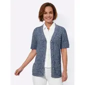 Witt Weiden Strickjacke WITT "Strickjacke Ajourstrickjacke mit Taschen, aufgesetzt", Damen, Gr. 38, blau (marine, hellblau, meliert), Basic, V-Ausschnitt, Strickjacken Strickjacke