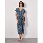 Apricot Midikleid "Druckkleid", Damen, Gr. XS (34), N-Gr, blau, gewebt, Obermaterial: 85% Viskose CV. 15% Polyamid PA., gemustert, V-Ausschnitt, Kleider Midikleid, in Wickeloptik