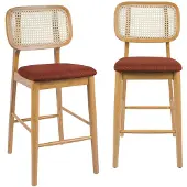Sweeek - 2er-Set Barhocker aus Heveaholz mit Rattan-Geflecht und Stoffbezug - Natur