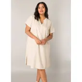 Base Level Curvy Tunikakleid "Yacinthe", Damen, Gr. 46, N-Gr, Kurzarm, Web, beige, Web, Obermaterial: 55% Leinen, 45% Viskose, unifarben, gerade knielang, Serafino, Kleider Tunikakleid, Große Größen