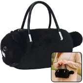 Leantoys Plüschige, katzenförmige Handtasche mit Kettenhenkeln, Schwarz