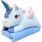 Leantoys Plüsch-Einhorn-Kuscheltier mit Decke, 160 x 110 cm, blau, 55 cm