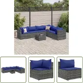 The Living Store 7-tlg. Garten-Lounge-Set mit Kissen Grau Poly Rattan