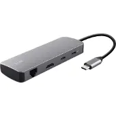 Trust 25672, USB Typ-C, HDMI, RJ-45, USB 3.2 Gen 1 (3.1 Gen 1) Type-A, USB 3.2 Gen 1 (3.1 Gen 1) Type-C, MicroSD (TransFlash), SD, Grau, 0,15 m, Windows 11