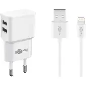 Goobay Apple Lightning Dual Ladeset 2,4 A, Netzteil mit 2x USB-Buchse und Apple Lightning-Kabel 1m (Weiß)