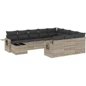 vidaXL 11-tlg. Garten-Sofagarnitur mit Kissen Hellgrau Poly Rattan