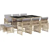 vidaXL 11-tlg. Garten-Essgruppe mit Kissen Beige Poly Rattan