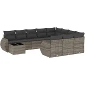 vidaXL 11-tlg. Garten-Sofagarnitur mit Kissen Grau Poly Rattan