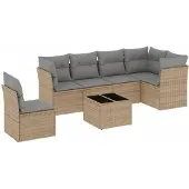 vidaXL 7-tlg. Garten-Sofagarnitur mit Kissen Beige Poly Rattan