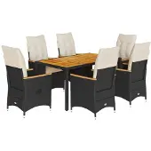 vidaXL 7-tlg. Garten-Essgruppe mit Kissen Schwarz Poly Rattan