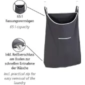 Wenko Wäschesortierer "Canguro", grau (dunkelgrau), B:52cm H:81cm T:10cm, Baumwolle, Edelstahl, Wäschesammler, Wäschesortierer, Baumwolle, 65 l