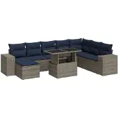 vidaXL 9-tlg. Garten-Sofagarnitur mit Kissen Grau Poly Rattan Akazie