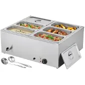 Vevor kommerzieller Speisenwärmer (6 x 1/3 Größe Behälter), 1,5 kW elektrischer Wärmebehälter aus Edelstahl mit Abdeckung & Suppenkelle, Chafing Dishes Set für Catering Restaurant Party