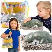 Leantoys Schlafender Husky auf einem Kissen, Figur mit Fellbeutel und Geräuschen