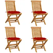 vidaXL Klappstühle mit roten Kissen, 4 Stück, Massivholz Teakholz