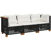 vidaXL Gartensofa mit Kissen 3-Sitzer Schwarz Poly Rattan
