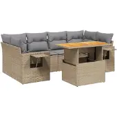 vidaXL 7-tlg. Garten-Sofagarnitur mit Kissen Beige Poly Rattan