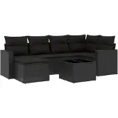 vidaXL 7-tlg. Garten-Sofagarnitur mit Kissen Schwarz Poly Rattan