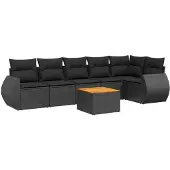 vidaXL 7-tlg. Garten-Sofagarnitur mit Kissen Schwarz Poly Rattan