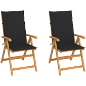vidaXL Klappstühle, 2 Stück, mit schwarzen Kissen, aus massivem Teakholz