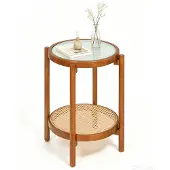 KOMFOTTEU Runder Beistelltisch aus Holz, 2-stöckiger Sofatisch im Boho-Stil