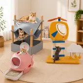 Northio Themen-Katzenmöbel-Set (3-teilig) – Hubschrauber-Kratzbaum, geschlossene Katzentoilette und Katzenhaus aus Bambus