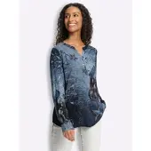 HEINE Langarmbluse , Damen, Gr. 50, blau (jeansblau, steingrau, bedruckt), 100% Viskose, bedruckt, gemustert, mehrfarbig, Rundhals, Blusen Langarmbluse