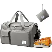 Unyqoos Reisetasche 48×26×28 cm (25 L) – faltbar 25×20×8 cm, Segeltuch-Sporttasche mit Trocken-/Nassfach, Schuhfach, erweiterbar, wasserabweisend, hellgrau