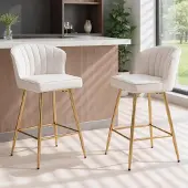 Sonstiges Barhocker 2er Set Samt Beige mit gequilteter Rückenlehne und goldenen Metallbeinen