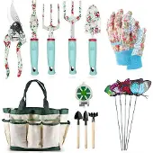 Markenlos Gartengeräteset 16-teilig mit Aufbewahrungstasche - Blumenmotiv