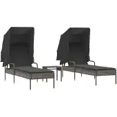 vidaXL Sonnenliegen 2 Stk. mit Dach und Tisch Grau Poly Rattan